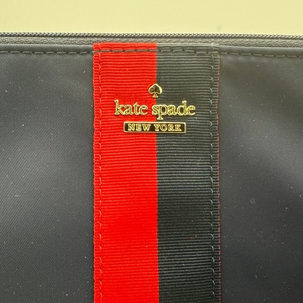 Kate Spade Navy Nylon Cosmetic Bag Red Black Stripe Logo Makeup Pouch